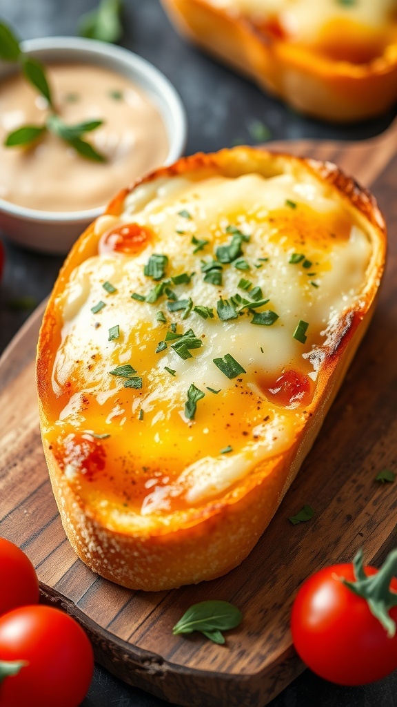 Melted cheese toast on a wooden board, garnished with herbs and served with cherry tomatoes.